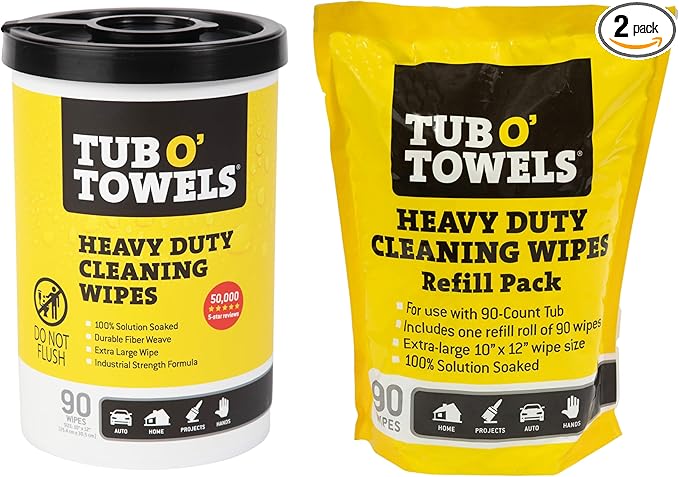 Tub O' Towels Heavy Duty, 10" x 12", Multi-Surface Cleaning Wipes, 90-Count Canister & Refill Pack, White