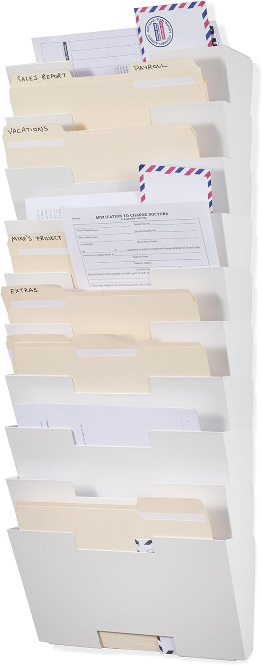 Wallniture Lisbon 10-Tier Wall Mounted File Holder and Desk Organizer, Metal White Office Organization and Storage Rack