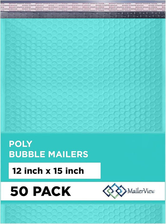 Teal Large Poly Bubble Mailers 12x15 inch | Self Seal Padded Envelopes Cushioned Bubble Mailer | Usable Size 12x15 | WaterProof | Lightweight mailing Shipping Bags | 50 Pack Bulk