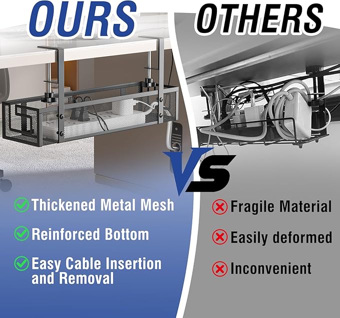 Under Desk Cable Management Tray - GZOKMOG No Drill Cord Organizer with Clamp, Reinforced Metal Mesh Workspace Organizers for Wire, Office Desk Accessories, 1 Pack Black, 15.75 inch