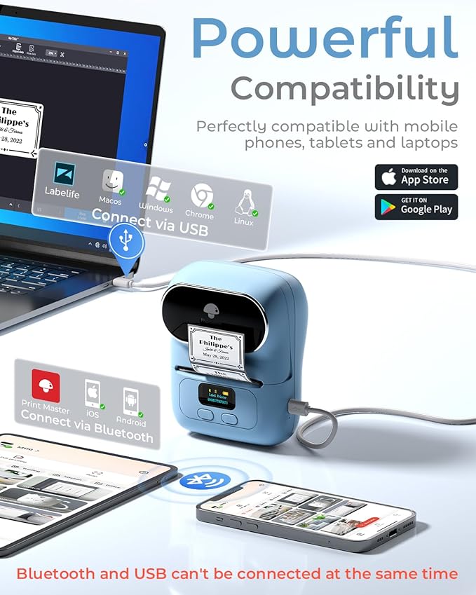Phomemo Label Maker with 3 Labels- M110 Portable Bluetooth Label Maker Machine for Small Business, Barcode, Address, Logo, Clothing, Jerwery, Compatible with iOS & Android, Blue