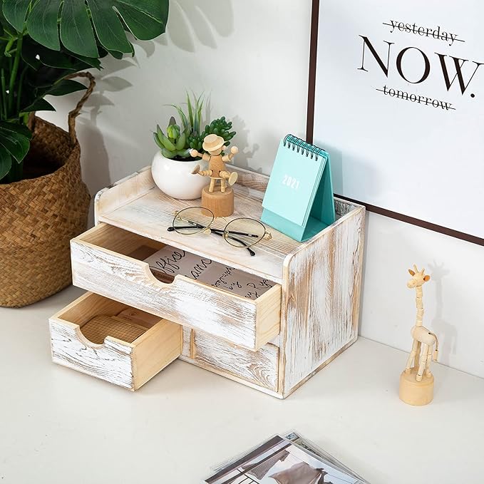 Rustic Distressed white 3-Tier Wood Desk Organizer with 3 Drawers Mini Storage Shelf For Desk, Toiletries Vanity Office Supplies (Vintage white)