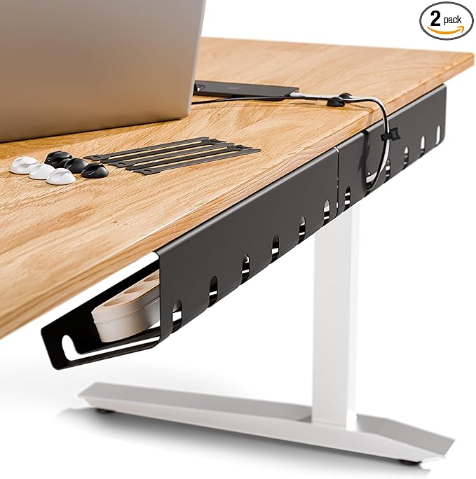 PAMO Cable Management Under Desk for Easy mounting Under-Table I Set of 2 - with 10X Cable Ties I Desk Organizer for Office/Home Office Table Thoughtful Cable Tray Holder