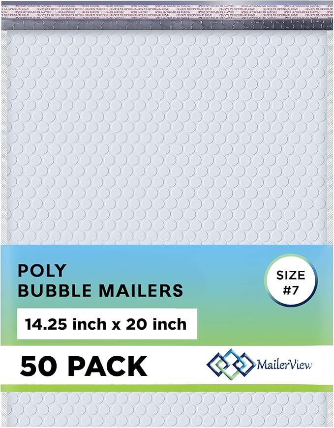 White Extra Large Poly Bubble Mailers 14.25x20 inch #7 | Self Seal Large Padded Envelopes | Air Cushioned Bubble Mailer | Usable Size 14.25x19 Lightweight Mailing Shipping Bags| 50 Pack Bulk |USA Made