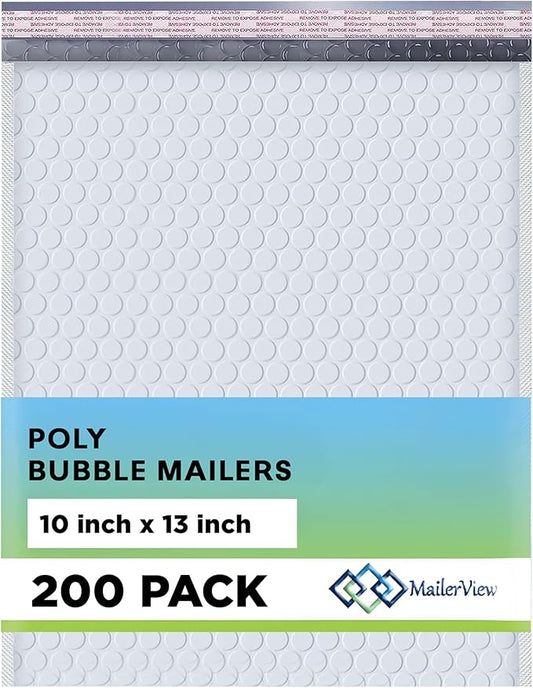White 10x13 Inch Poly Bubble Mailers |Self Seal Padded Envelopes for Thick books | Air Cushioned Bubble Mailer | Usable Size 9.5x13 Inch | Waterproof Lightweight Mailing Shipping Bags | 200 Pack Bulk