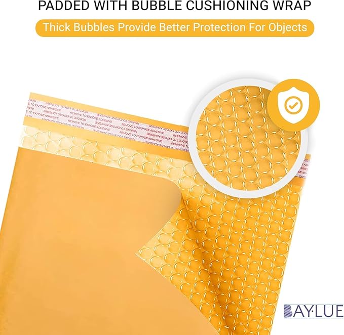Yellow Kraft 10x13 Inch Bubble Mailers | Self Seal Padded Envelopes for Thick books | Air Cushioned Bubble Mailer | Usable Size 9.5x13 Inch | Lightweight Mailing | 100 Pack Bulk