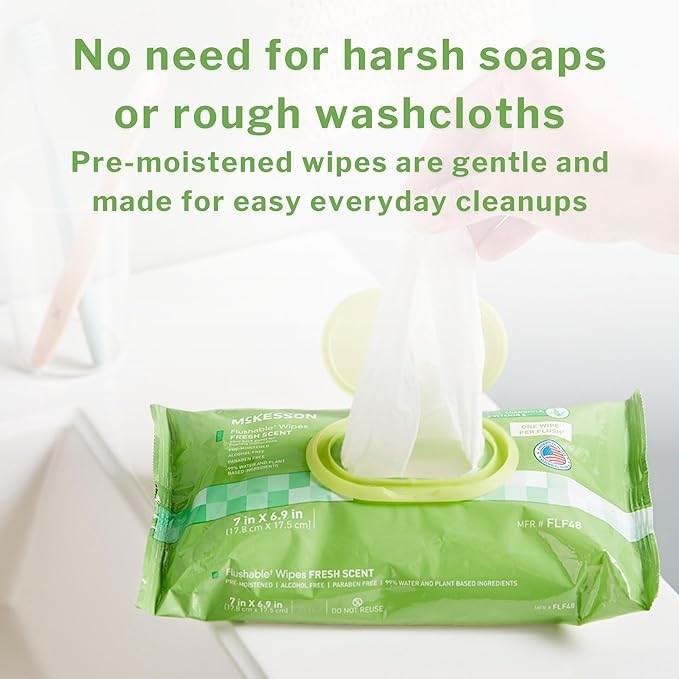 McKesson Flushable* Adult Wet Wipes – 288 Wipes (6 Pack of 48) – Aloe & Vitamin E, Plant-Based Cleansing Wipes, Scented