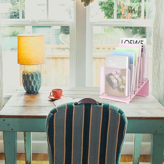 File Organizer for Desk, Desk Organizer with 5-Section Vertical File Rack, File Folder Organizer, Desk Accessories & Workspace Organizers (Pink)