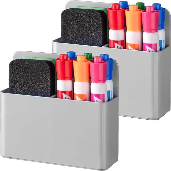 BEYGORM 2 Pack Plastic Magnetic Pen Holder for Refrigerator, Dry Erase Marker Holder for Whiteboard，Magnet School Locker Organizer Accessories, Pencil Cup, Pen Caddy, Classroom Organization(Grey)