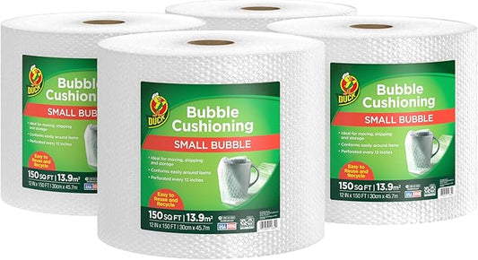 Duck Brand Small Bubble Cushioning Wrap for Moving, Shipping & Mailing, 600 FT Bubble Packing Wrap Extra Protection Packaging Boxes & Mailers, Clear Bubble Roll Moving Supplies 150 FT Each 4 Rolls