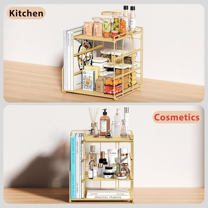 Gold Desk Organizer, 4-Tier Metal Paper Organizer for Desk with Vertical File Holder, Office Accessories and Desktop Storage for Office Supplies (Gold)