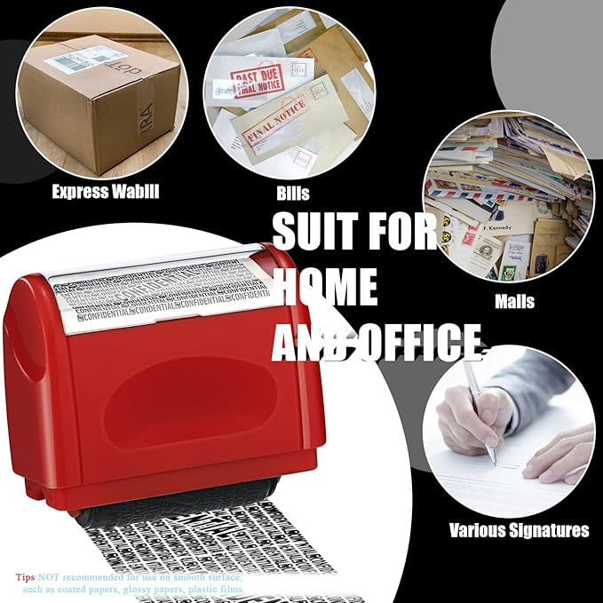 Nezyo 2 Pack Identity Protection Roller Stamp Identity Theft, Confidential, Privacy Roller Stamp Information Blocker and 4 Pack Refill Ink for ID Account Data Address Security(Red)