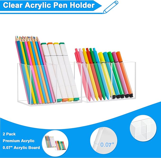 VITVITI Acrylic Pen Holder, Clear Desk Organizer, Pencil Cup Holder for Desk with 4 Compartments, Desktop Stationery Organizer for Home/Office Storage/School/Art Supply, Set of 2