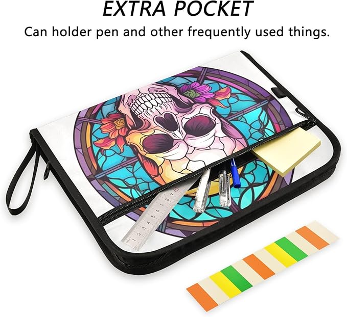 Skull Sunglasses Flowers Expandable Filing Folder, 13 Pockets A4 Letter Size Document Organizer with Sticky Labels for Office, School, Boys, Girls