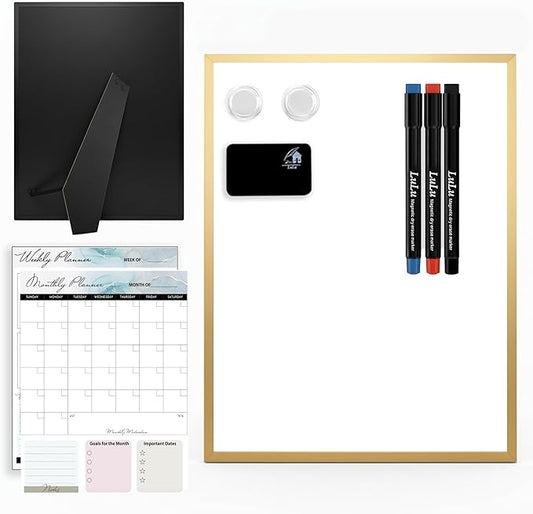 Small Whiteboard 12 x 16 Inch Magnetic Dry Erase Board with Stand & Wall Mount | Gold Aluminum Frame | Planner Board with Weekly & Monthly Sheets | 3 Markers, Eraser & 2 Magnets