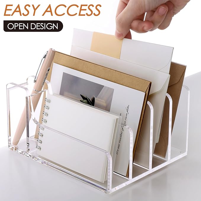 SANRUI Acrylic Mail Organizer, 5 Compartments File Holder for Desk,Letter Sorter with Pen Holder,Desk Organizers and Accessories,Clear Cute Mail Sorter