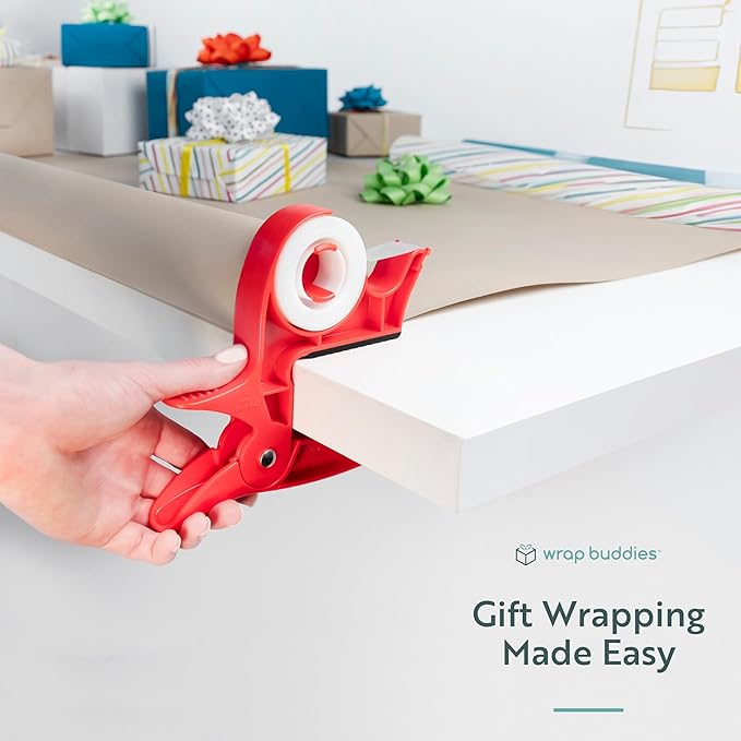 Wrap Buddies Tabletop Gift Wrapping Tool with Tape Dispenser – Set of 2 Adjustable Wrapping Paper Table Clamps with Craft Tape Dispenser - Perfect for Holidays and Crafting - Cherry Red