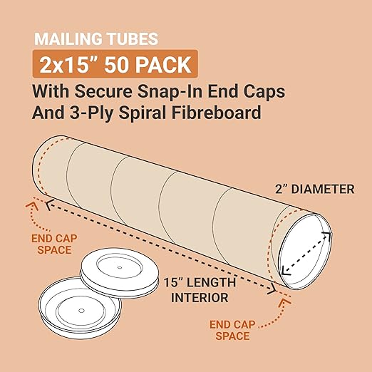 AVIDITI Mailing Tubes with Caps, 2"L x 15"W, 50-Pack | Cardboard Tube Mailer for Poster Box, Blueprint, Teachers, Artwork, Long Art Holder 2x15