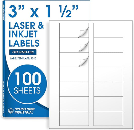 3" X 1.5" Matte White Printable Labels Compatible with Inkjet and Laser Printers - 100 Sheets, 1400 Total Stickers for Bottles, Product Labeling, Mailing - Spartan Industrial Template R010
