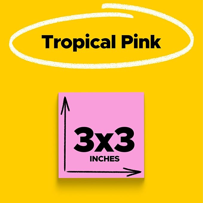 Post-it Super Sticky Notes, 5 Sticky Note Pads, 3 x 3 in., School Supplies, Office Products, Sticky Notes for Vertical Surfaces, Monitors, Walls and Windows, Tropical Pink