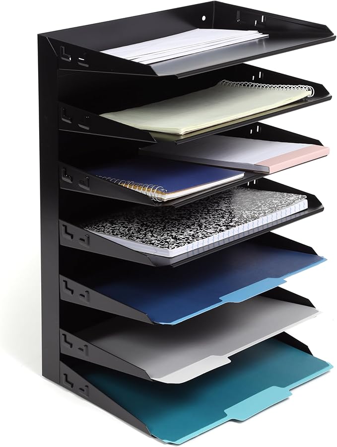 Huron Desktop Horizontal 7-Slot File Binder Organizer Storage Letter Tray, Black Commercial Grade Steel