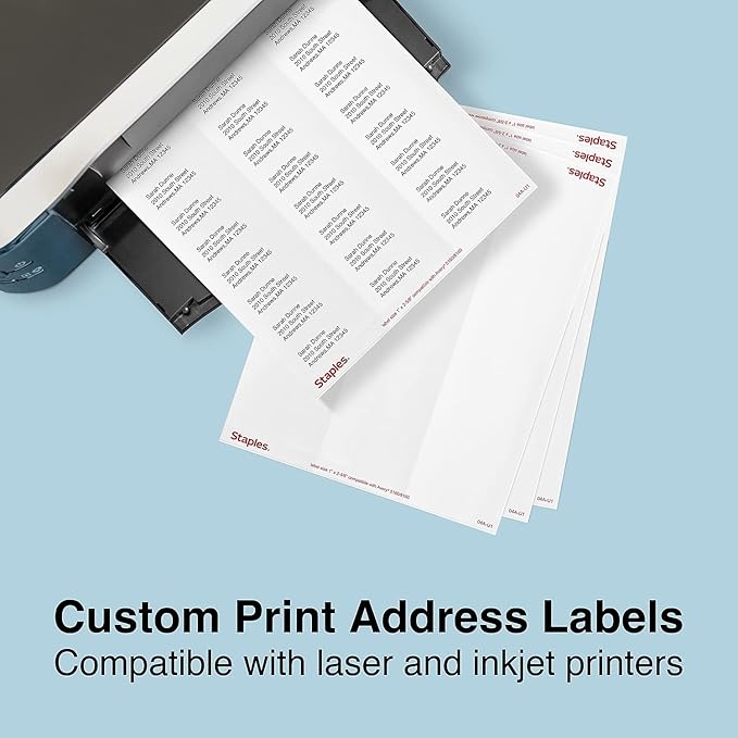Staples Laser/Inkjet Address Labels, Easy-To-Peel Printable Sticker Paper, 1 x 2-5/8 Inch, 30 Labels Per Sheet, 100-Pack, White
