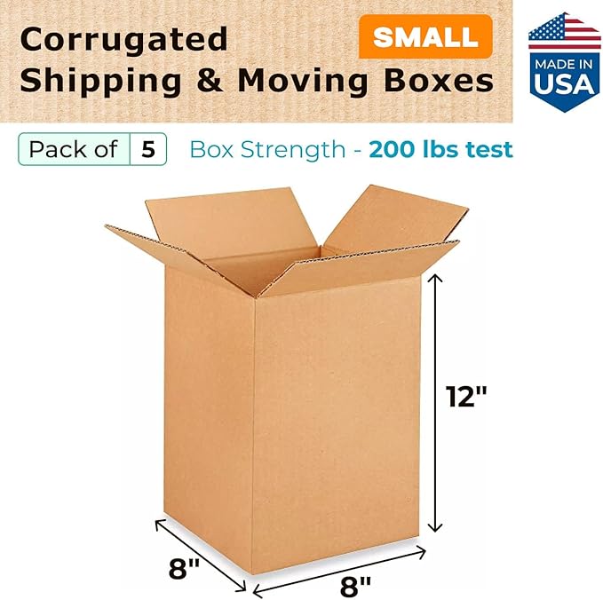 Small Moving & Shipping Boxes 8 x 8 x 12 inches (5-Pack) - Extra Strength 200 lb vs Regular - Corrugated Packing Boxes for USPS/FEDEX - Cardboard Shipping Box - Package Box by IDL Packaging