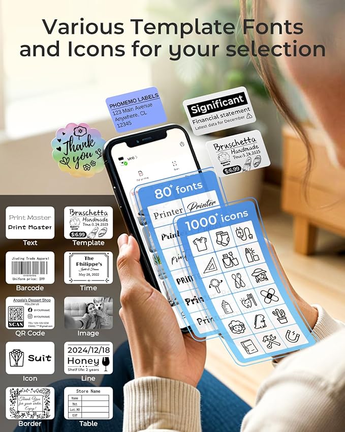 Phomemo Label Maker - M110 Address Label Printer Bluetooth Thermal Printer for Business, Office, School, Home-use, Barcode, Logo, Clothing Labels, with 3 Label Roll, Black