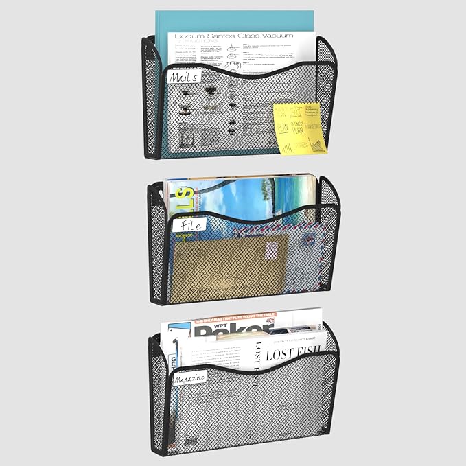 Wall File Organizer, Mesh Hanging File Organizer, Home Office Organization and Storage, 3 Single Pockets Document Magazine Rack