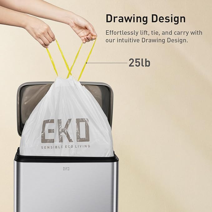 EKO 8 Gallon / 30.3 Liter, 60 Count Drawstring Trash Bags, Extra-Strong Unscented Garbage Bags, Easy-Dispense Roll for Kitchen & Household Use, Resists Tears, Leaks and Punctures, Code F-1, White