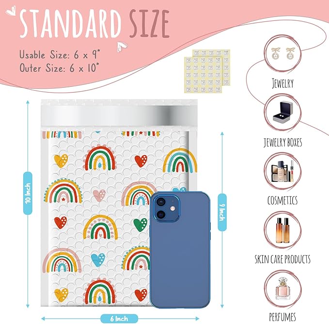 Metronic Bubble Mailers 6x10" 50 Pack Usable Size 6x9,Waterproof Mailing Padded Envelopes for Small Business,Cushioning Bubble Wrap Mailer Bags,Shipping Envelopes for Gift,Small Items Rainbow