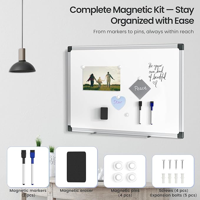 VUSIGN Magnetic White Board 24" x 18" for Wall, Dry Erase Board for Home Office, School, Study Room – Silver Aluminum Frame with 2 Markers, 4 Magnets & Eraser