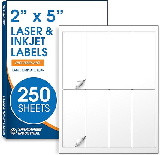2" X 5" Matte White Printable Labels for Inkjet and Laser Printers - 250 Sheets, 2000 Total Custom Stickers for Name Tags, Address Labels, Shipping and Mailing - Spartan Industrial Template R006