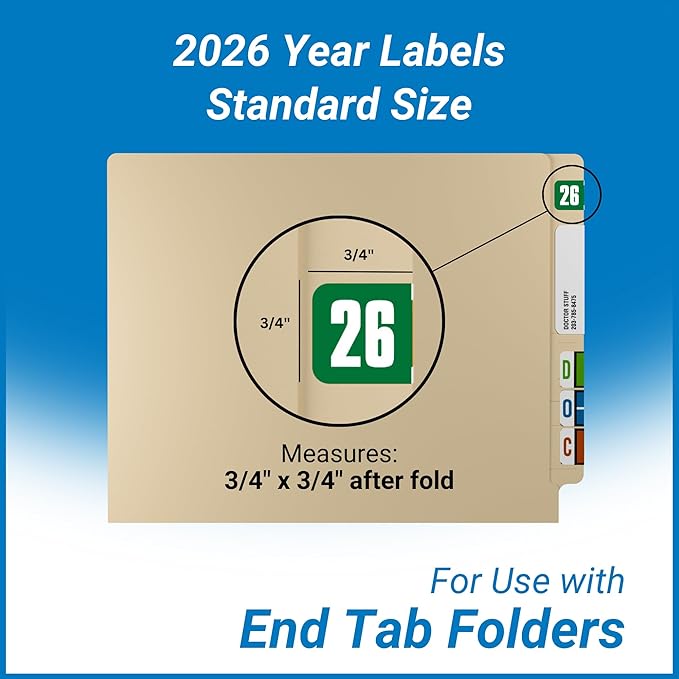 2026 Year Labels, Doctor Stuff 2026 Chart Stickers, Green Color Coded, Safeguard Style, USA Made Year Stickers for End Tab File Folders, 500/Roll, 1 Roll, 3/4" x 1-1/2"