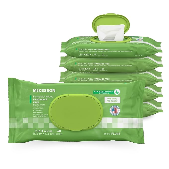 McKesson Flushable* Adult Wet Wipes – 288 Wipes (6 Pack of 48) – Aloe & Vitamin E, Plant-Based Cleansing Wipes, Unscented