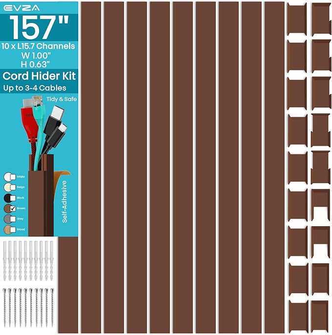 Brown Channel Kit Hide Wires - 157in Cord Concealer, Hide Along Walls, Extension Cord Safety Cover, TV Wall Wire Hiders