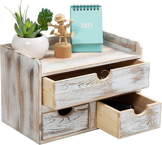 Rustic Distressed white 3-Tier Wood Desk Organizer with 3 Drawers Mini Storage Shelf For Desk, Toiletries Vanity Office Supplies (Vintage white)