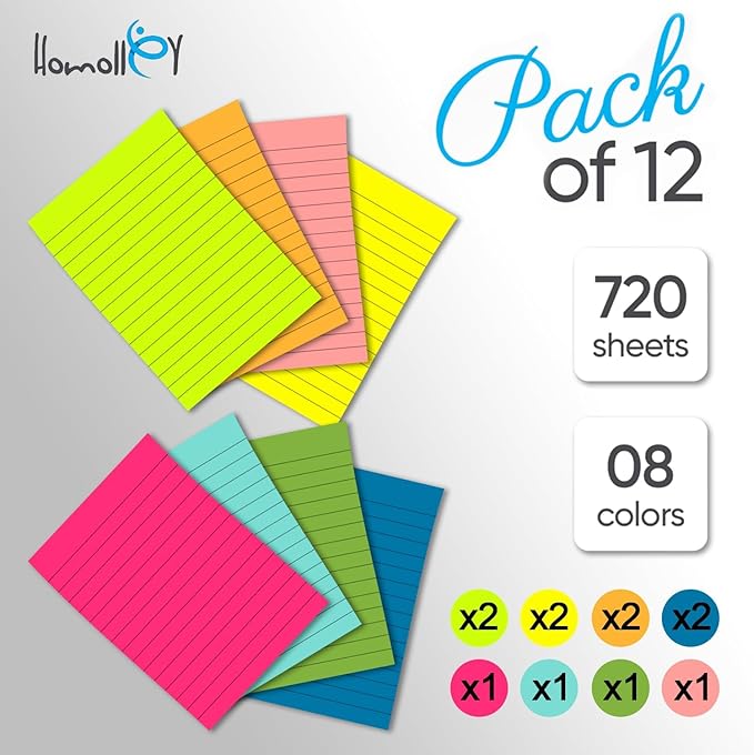 12 Pack Lined Sticky Notes 4x6 Inch – Large Ruled Self-Stick Note Pads (720 Sheets Total, 8 Bright Colors) with Strong Adhesive for Office, School & Home Use
