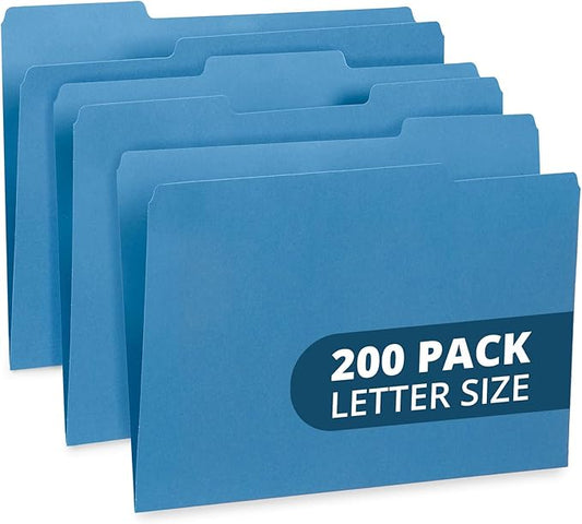 Blue Summit Supplies Blue File Folders - Letter Size, 1/3 Cut Tabs, Durable 11pt Paper, Uncoated Blue Paper, Colorful Folders for Office & Home Organization