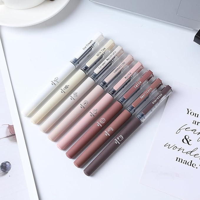 Aesthetic Cute Stick Rollerball Pens, 8pcs Quick Dry Colored Liquid Ink Pens, 0.5mm Fine Point Coffee Gel Pens with Soft Touch Smooth Writing for Journaling Planner School Supplies