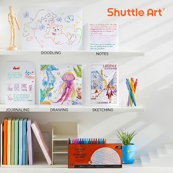 Shuttle Art Colored Retractable Gel Pens, 24 Bright Ink Colors, Cute Pens 0.7mm Fine Point Quick Drying for Writing Drawing Journaling Note Taking School Office Home