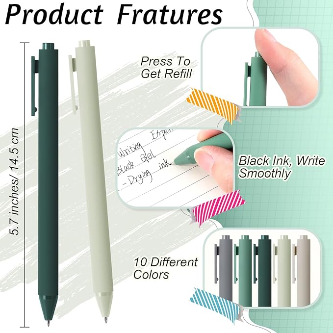 Crtiin 50 Pcs Gel Ink Pens Bulk, Black Ink 0.5mm Fine Point Retractable Pen Smooth Writing Office School Supplies for Teacher Server Operation Christmas Charity Donation Thanksgiving (Green Series)