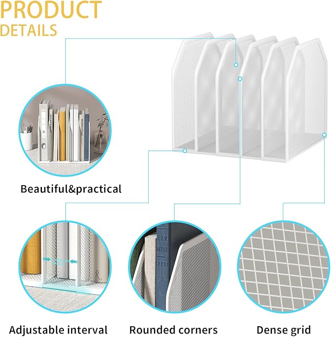 Vertical File Organizer for Desk - Metal Mesh File Holder with 5 Compartments, File Folder Rack & Document Storage Stand, File Sorter for Office/Home/School Use - 9.3" x 8.5" x 7.9"