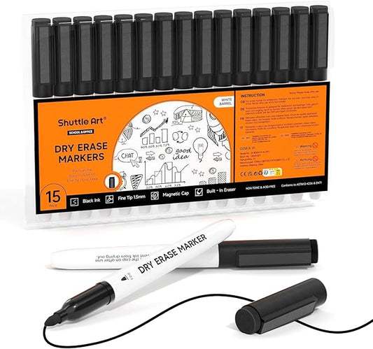 Shuttle Art Dry Erase Markers, 15 Pack Black Magnetic Whiteboard Markers with Erase,Fine Point Dry Erase Markers Perfect For Writing on Whiteboards, Dry-Erase Boards,Mirrors for School Office