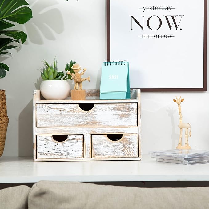 Rustic Distressed white 3-Tier Wood Desk Organizer with 3 Drawers Mini Storage Shelf For Desk, Toiletries Vanity Office Supplies (Vintage white)