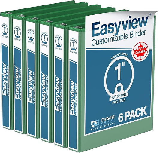 Easyview Premium 3-Ring Binders with Clear-View Covers and Round Rings, Binders for School or Office, 1 Inch, Pack of 6, Green