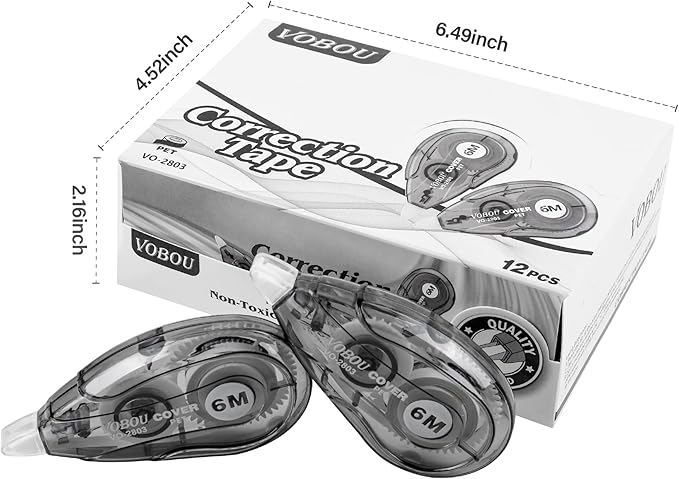 White Correction Tape Dispenser, Easy To Use Applicator for Instant Corrections, For school, Office (Black, 12pack, 6M/256, Tape Width 0.2in)