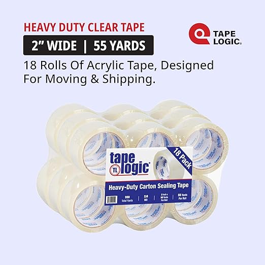 Tape Logic 2" x 55 yds Acrylic Packing Tape 2.6 Mil, Clear (18-Pack) Heavy Duty Packing Tape Rolls for Sealing Boxes at Home, Warehouse, & Office, Supplies for Packaging, Shipping, Moving
