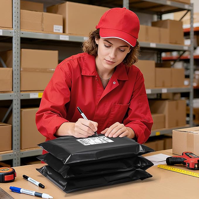 Metronic Poly mailers 12x15.5'' 100pcs with 4x6 Thermal Labels 100 Labels, Strong Adhensive Shipping Bags for Clothing,Waterproof Shipping Envelopes Mailing Bags for Small Business,Black