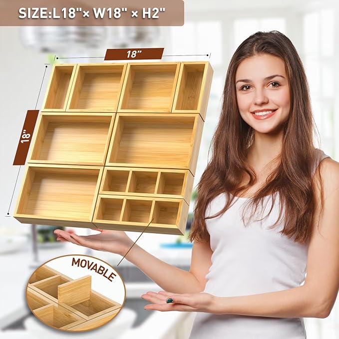 Bamboo Drawer Organizer, Set of 9 Wood Kitchen Junk Tea Desk Office Tray, Wooden Storage Boxes Organizers for Bathroom, Office (2" H 9 Boxes)